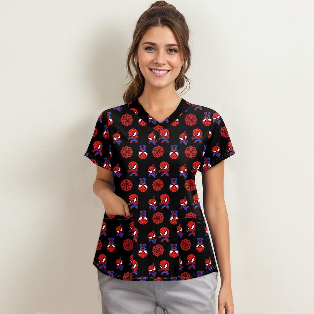 Women's Fashion V-neck Short Sleeve Workwear With Pockets Printed Tops