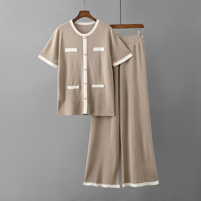Set Women's Round Neck Breasted Contrasting Color Short-sleeved Top High Waist Versatile Wide Leg Knitted Trousers Two-piece Set