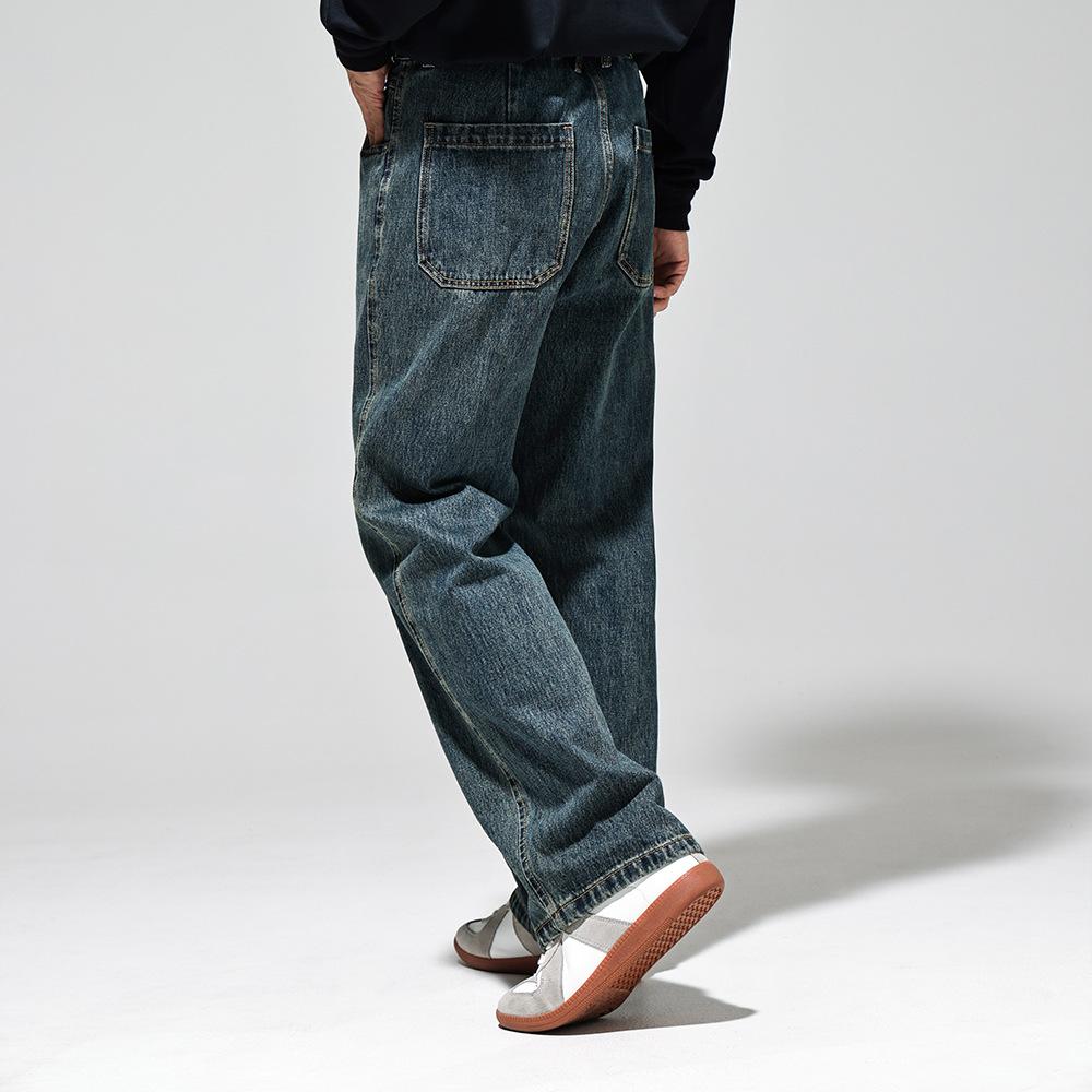 American minimalist floor pants retro blue jeans men's loose straight non-elastic casual ruffian handsome wide-leg trousers