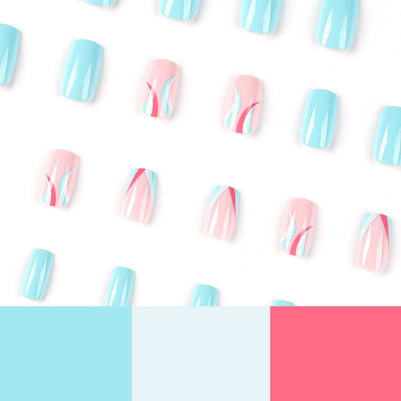Wear nail blue and white powder splicing lines Nail art finished fake nail nail piece finished product press on nails