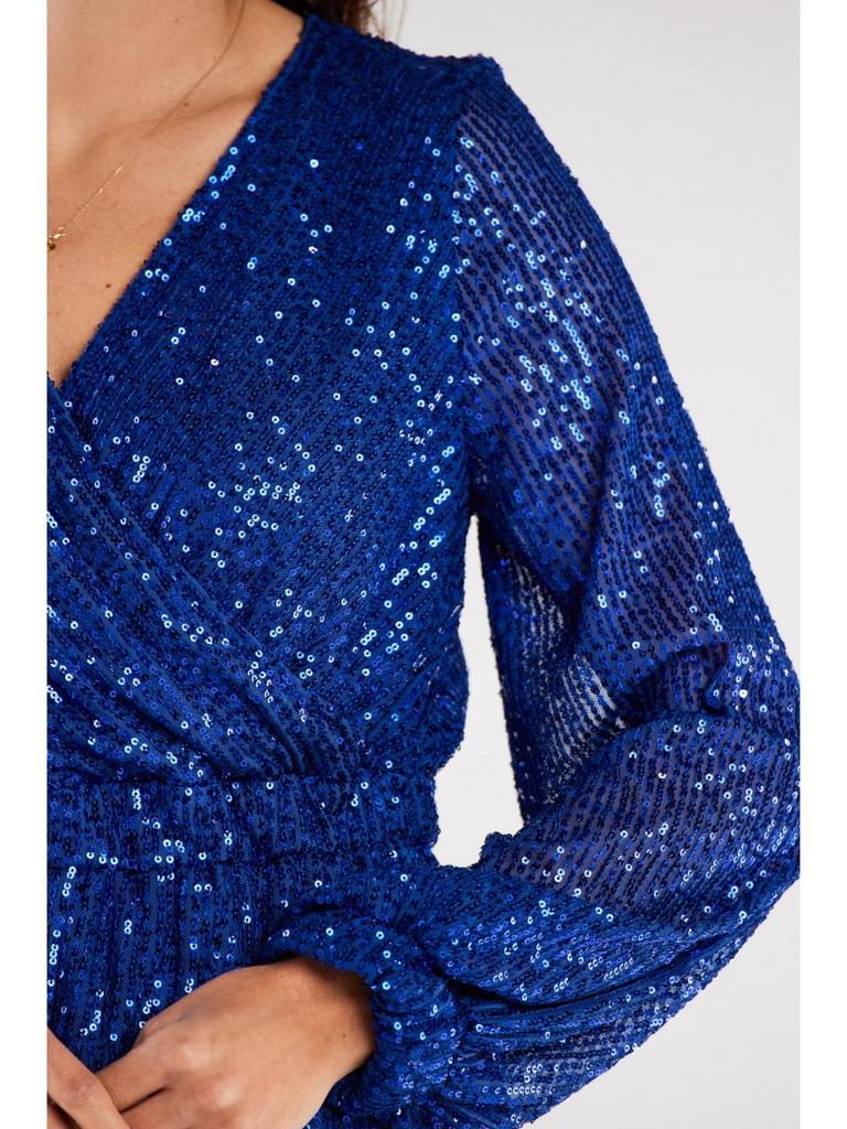 Asymmetrical Sequin Dress with Wrap Neckline and Long Sleeves, Cobalt Blue Size S