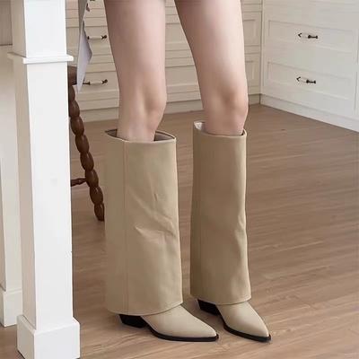 Leather Pointed Thick Heel Trouser Boots Women's 2025 New Autumn and Winter Knight Boots Western Cowboy Boots Tall Boots