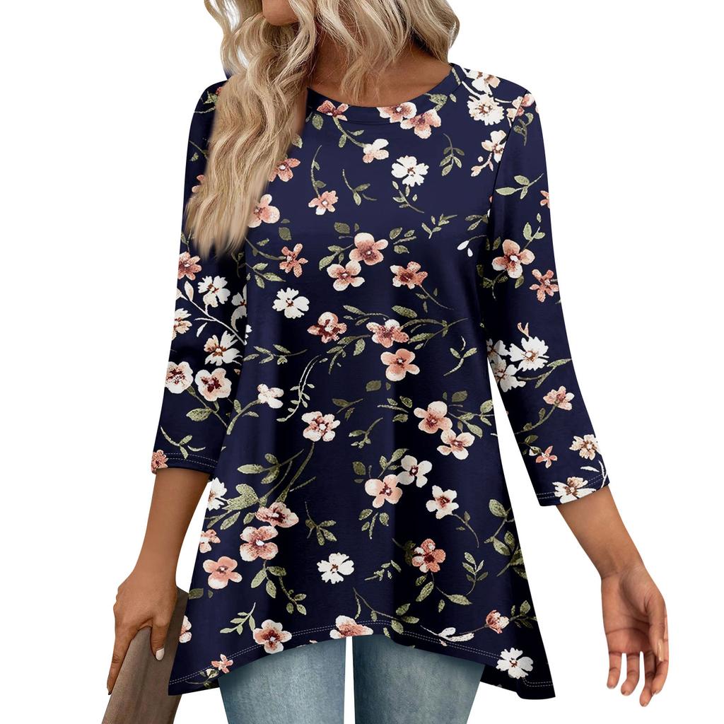 Tunika-Oberteile für Damen Locker sitzende Oberteile mit Prints 3/4-Ärmel Damenoberteile mit asymmetrischem Saum