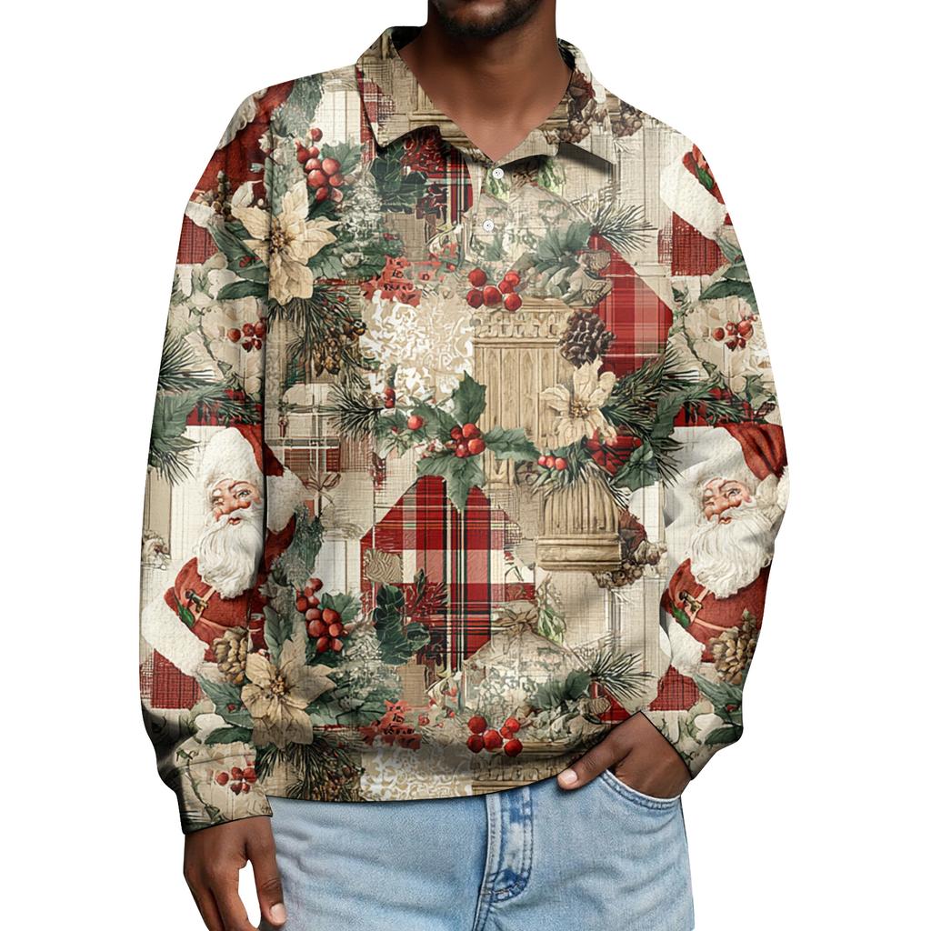Men's Casual Christmas Print Button Long Sleeve Shirt