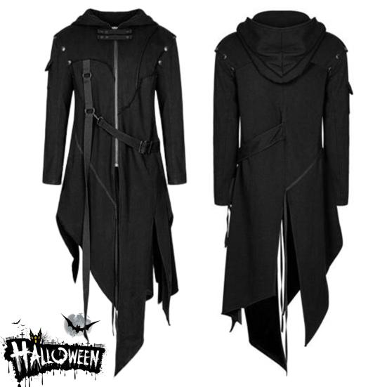 Cappotto Lungo da Uomo Autunno Inverno Tinta Unita Maniche Lunghe Irregolari con Cappuccio Cerniera Soprabito con Cinturini per Halloween