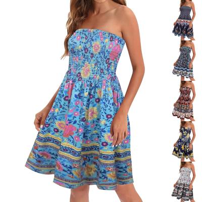 Trägerloses Kleid für Damen, Sommerkleider für Damen, Strandüberzüge, trägerloses Sommerkleid mit Boho-Blumendruck