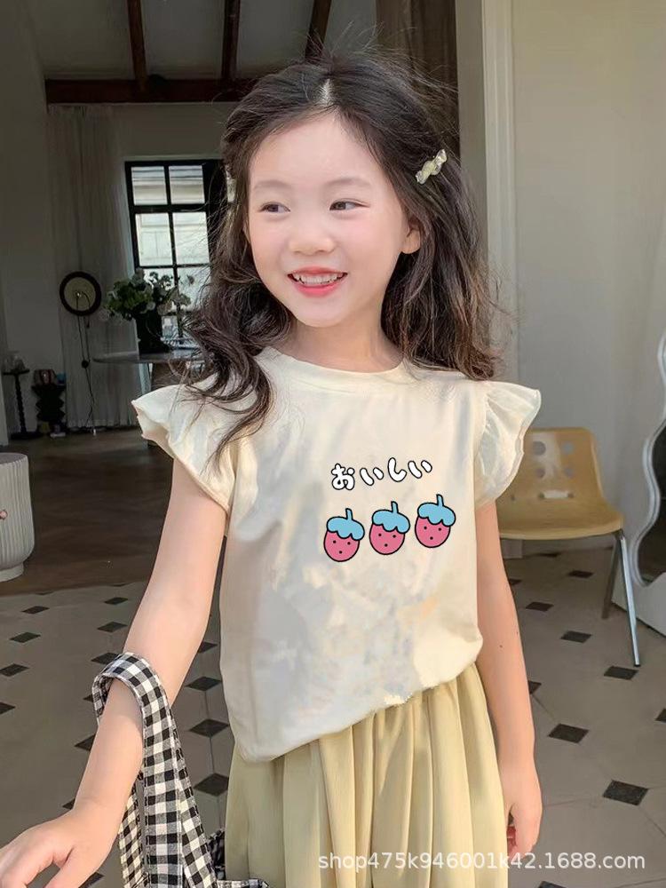 Girls Summer Cotton Ruffle Sleeve Cartoon T Shirt Thin Breathable Short Sleeve Top 90