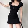 Summer Sexy Mini Dress Women Short Sleeved Lace Up Hollow Casual Backless Folds Bodycon Black Dress Party Elegant A-LINE Dresses