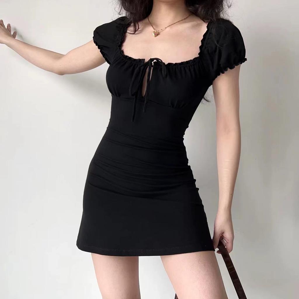 Summer Sexy Mini Dress Women Short Sleeved Lace Up Hollow Casual Backless Folds Bodycon Black Dress Party Elegant A-LINE Dresses