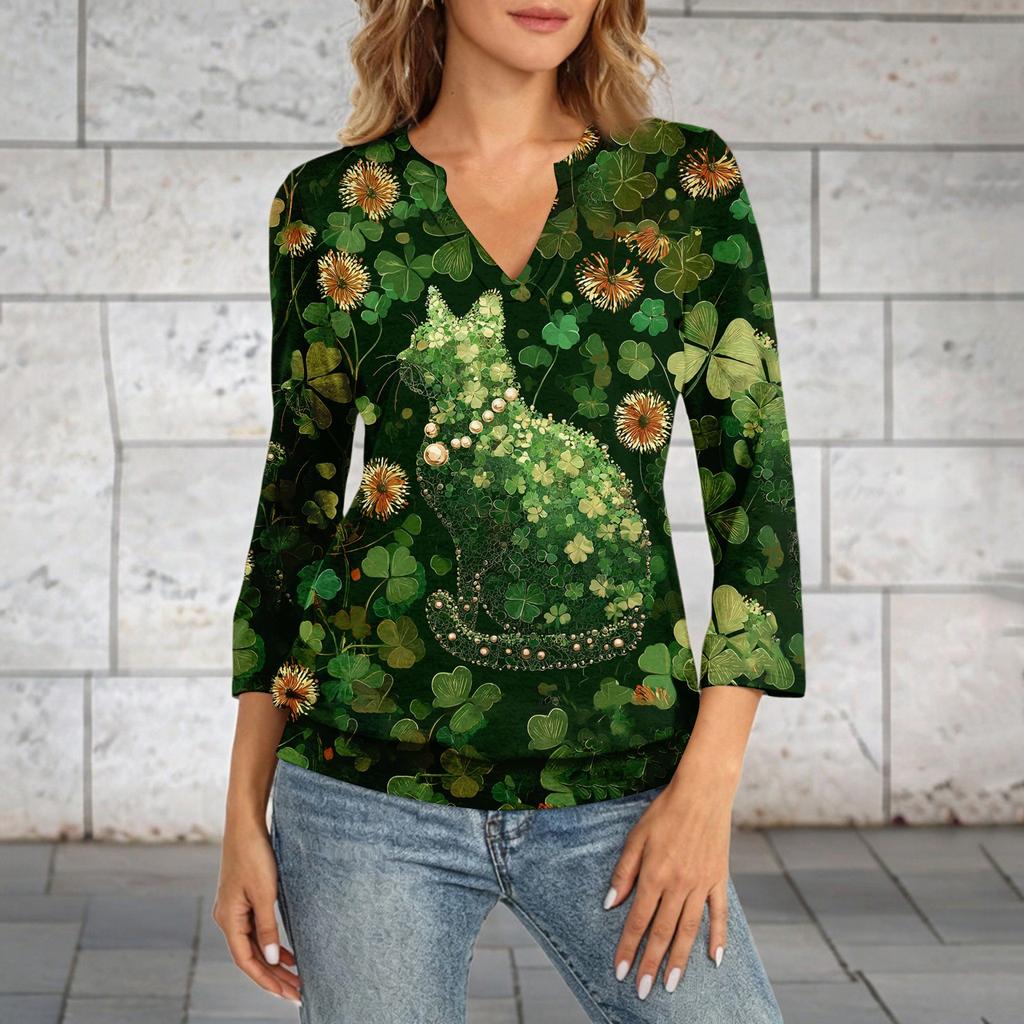 Women's 3/4 Sleeve Top With Cuffed Hem, V-Neck, Summer Casual -Shirt, St. Patrick's Day Printed Top