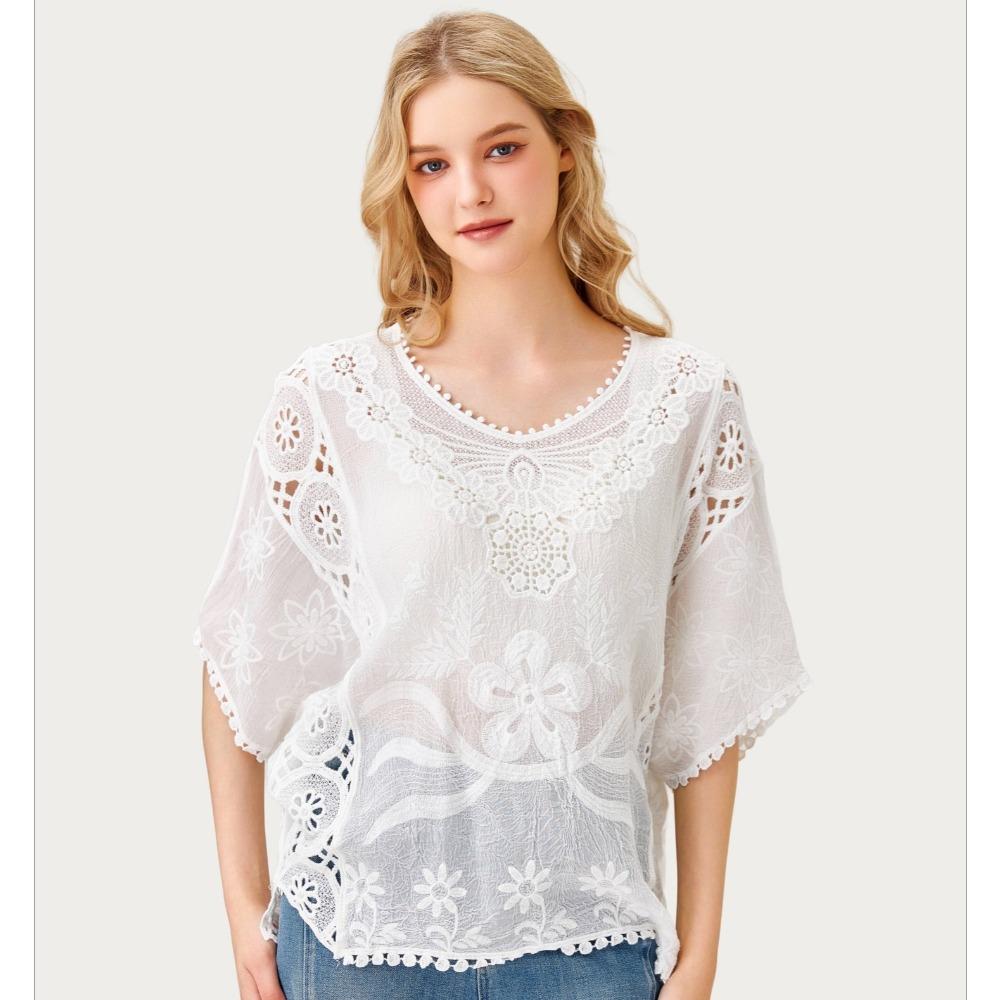 

DIMANAF 2026 New Summer Basic Shirt Women Lace O-Neck Blouse Tops Tees Loose White Short Tees One Size