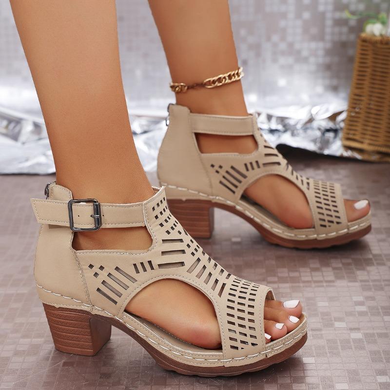 Sandals for Women 2025 New Thick Heeled Sandals Summer Breathable Hollow Out Sandals for Women Retro High Heels Roman Sandalias