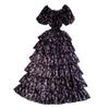 Holiday romantic style print one-word shoulder bubble sleeve dress female waist cake dress thin temperament fairy long dress
