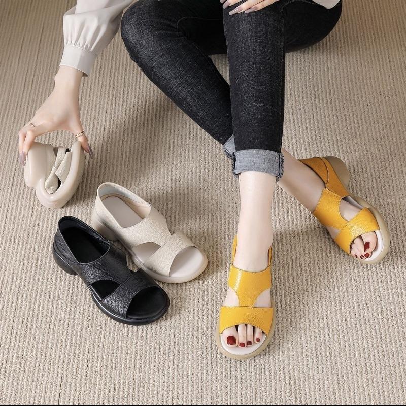 Genuine Leather Women Sandals Summer Casual Shoes Flat Soft Comfort Mother Shoes Yellow Black Plus Size 41