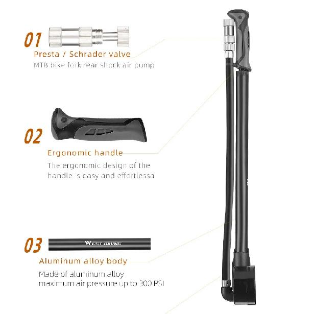 WEST BIKING Portable High-pressure 300psi Bike Air Pump with Gauge for Fork & Rear Suspension Shock Absorber Mountain Bicycle
