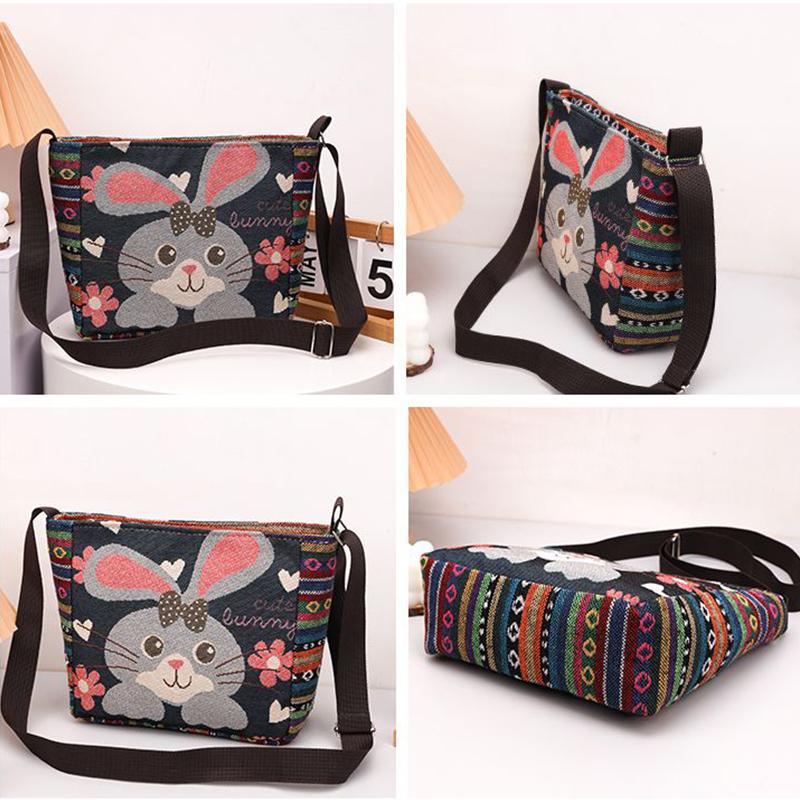 Yogodlns Håndveske i etnisk stil Broderi Elefant Lerret Dame Skuldervesker Dagligvareoppbevaringsveske Stor kapasitet Crossbody-veske