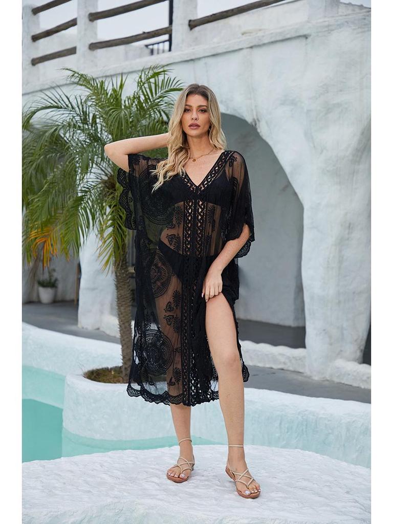 European & American Water-Soluble Embroidery Sexy Beach Cover-Up Shirt Dress for Women