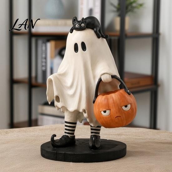 Handcrafted Resin Figures Cute Ghost Statue, Black Cat Holding Pumpkin Bucket Ornament, Statue Halloween Figurine for Home Holiday Party Table Mantel