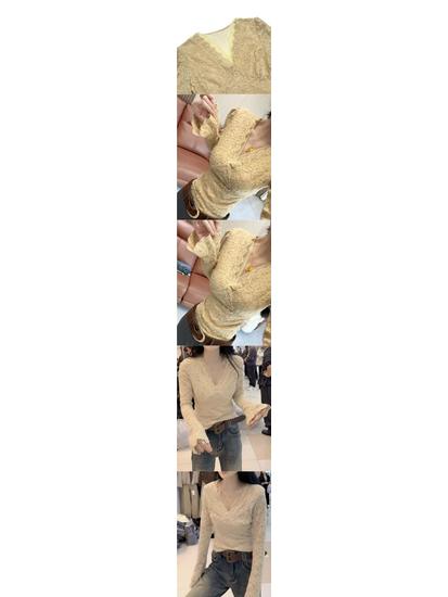 T-shirt de base en dentelle à manches longues et col en V ajusté pour femme 2025