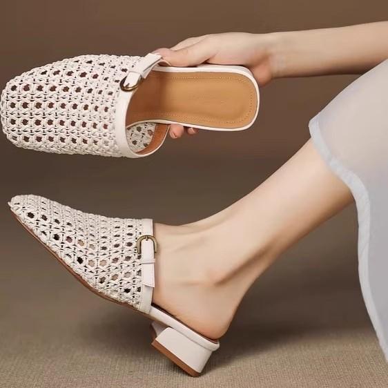 Soft leather half-drag French hollow bag head women's summer belt casual weaving retro fashion breathable one-word mesh muller shoes