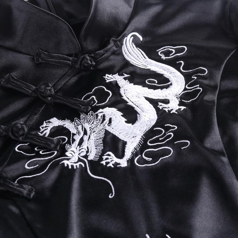 2025 New Collection Vintage Dark Gothic Chinese Knot Buttons Short Sleeve Dress Chinese Style High Waist Split Dragon Print Slim Cheongsam