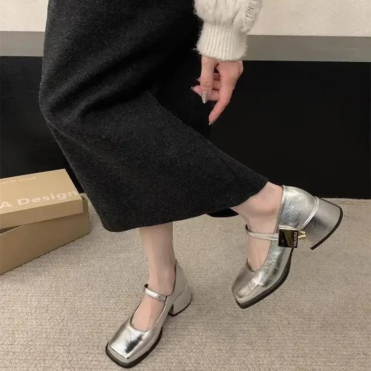 New Women Fashion Square Toe Close Toe Ankel Strap Mules Ladies Elegant Mary Jane Ballet Shoes Mid Heel Dress Pumps 2025