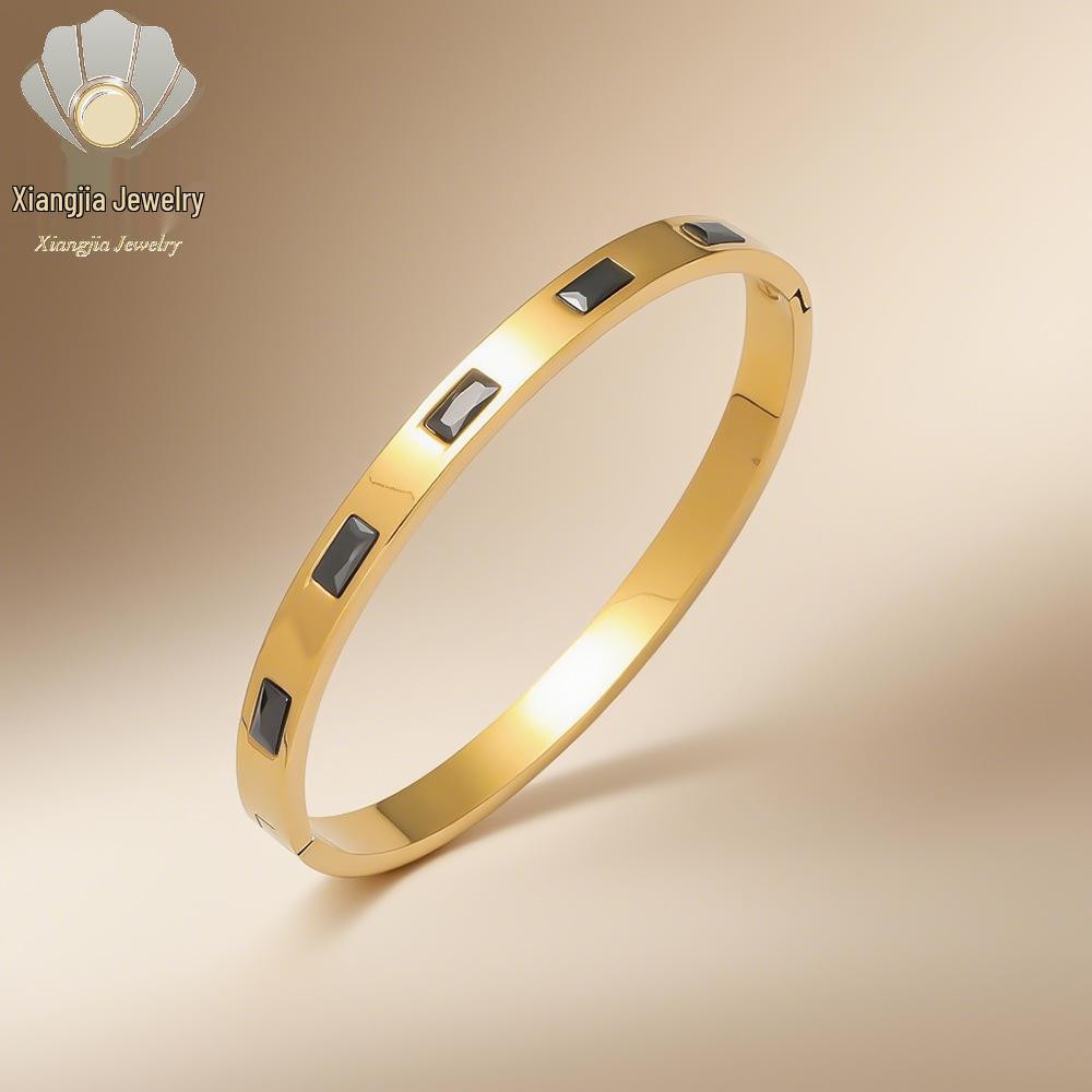 Emerald Cut Cubic Zirconia Titanium Steel Bracelet - Women's Fashionable European & American INS Style, Light Luxury High-End Jewelry