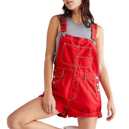 Women Suspender Jeans Denim Shorts Square Neck V-shaped Back Loose Pockets Adjustable Shoulder