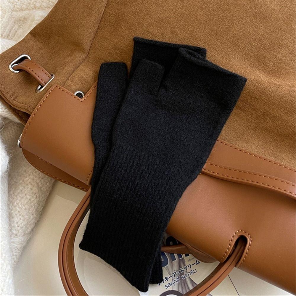 Cute Fashion Warm Knitted Gloves Elastic Long Half Finger Gloves Solid Colour Sleeve Gloves for Women Girls