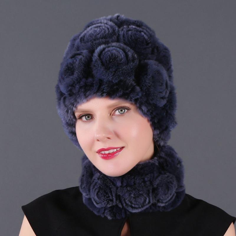 Rex Rabbit Rose Hat and Flower Scarf Set Specializing in the production of Rex Rabbit Scarf Hat Two-piece Adult Hat
