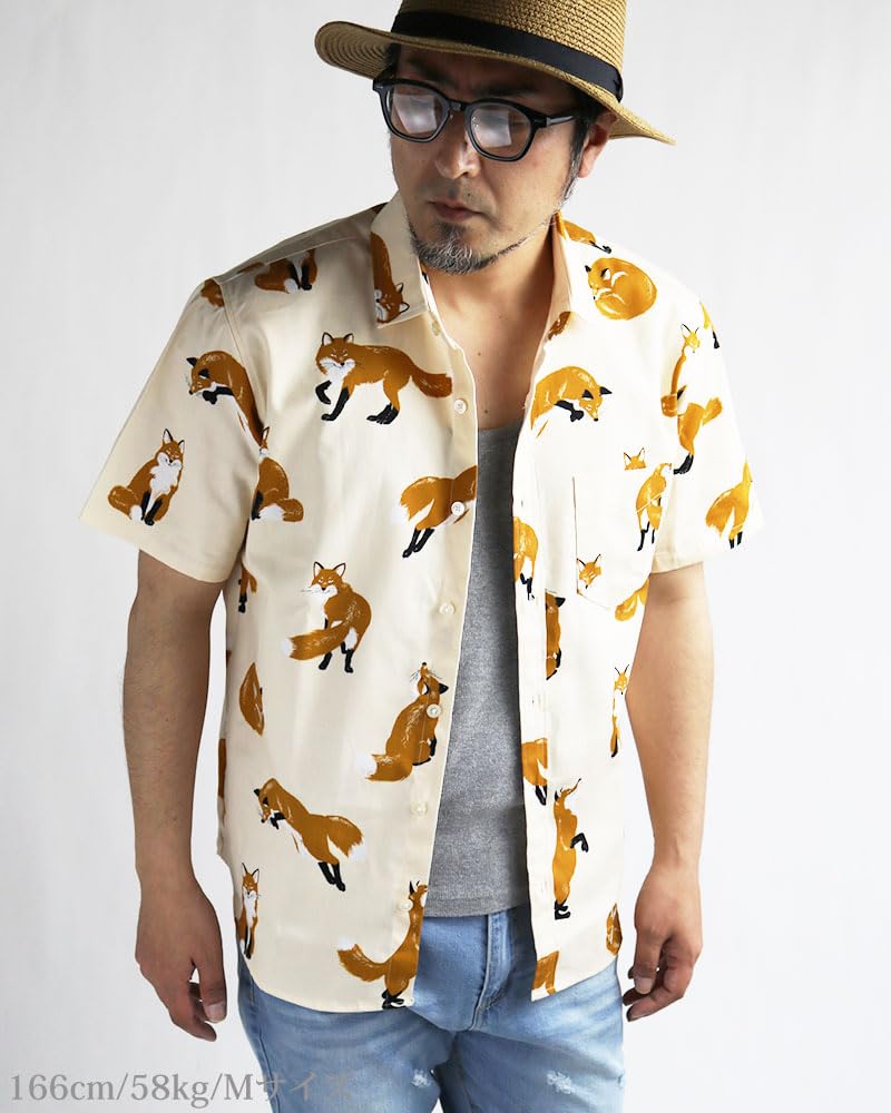 Quintet Fox Print Short Sleeve Animal Made in VINTAGE EL 10 Men's Shirt, Fox, Fox, Inari, Print, Japan, 11-70554 (L, White)