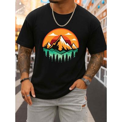 Berg Zonsondergang Grafisch T-shirt Heren Grappig T-shirt, 2026 Nieuw Lente en Herfst Bedrukt, Modieus en Trendy, Hip-hop Straatstijl, Casual Sportkleding