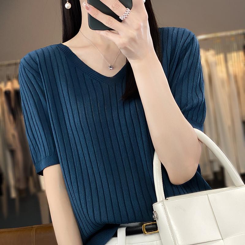 Women Knit T-shirt MODERN NEW SAGA Summer Knitted Shirt Short Sleeve Tees V-neck Knit Pullover Knit Tops