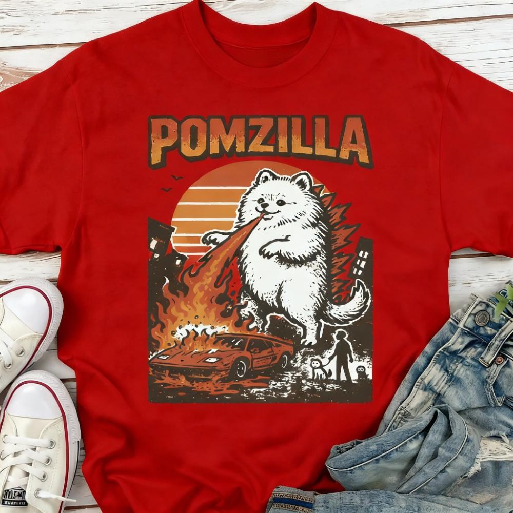 Funny POMZILLA Pomeranian Shirt Vintage Comic Monster Pom Tee Weird Fire-Breathing Dog T-Shirt Lovers Gift Tops