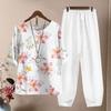 2 Pcs/Set Women T-shirt Pants Set Flower Print Elastic Waist Half Sleeves Round