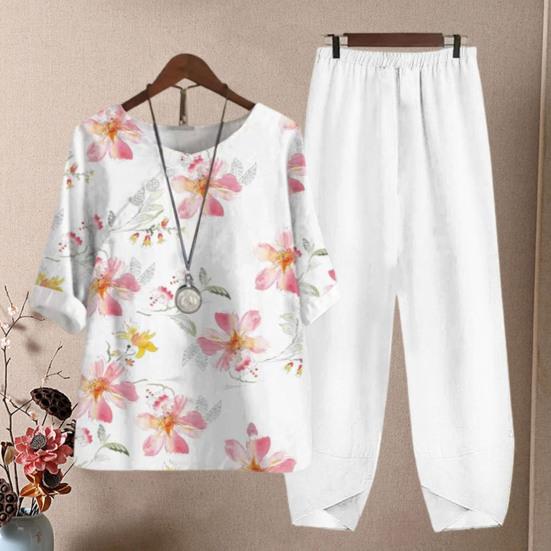 2 Pcs/Set Women T-shirt Pants Set Flower Print Elastic Waist Half Sleeves Round