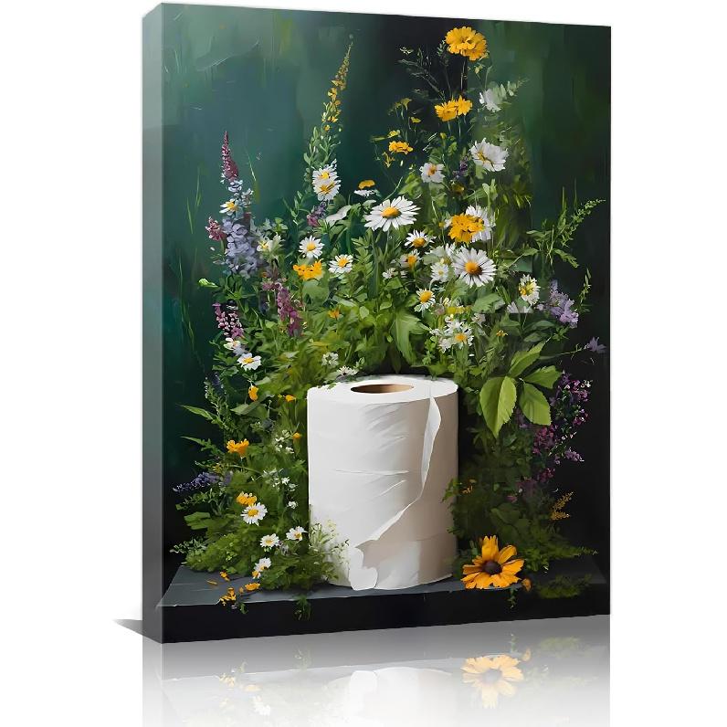 ZOQIPQO Botanical Bathroom Wall Art, Fun Watercolor Botanical Canvas Poster, Watercolor Green Floral Plants for Home Bathroom Toilet Hallway Decor, 12x16inches（framed）j