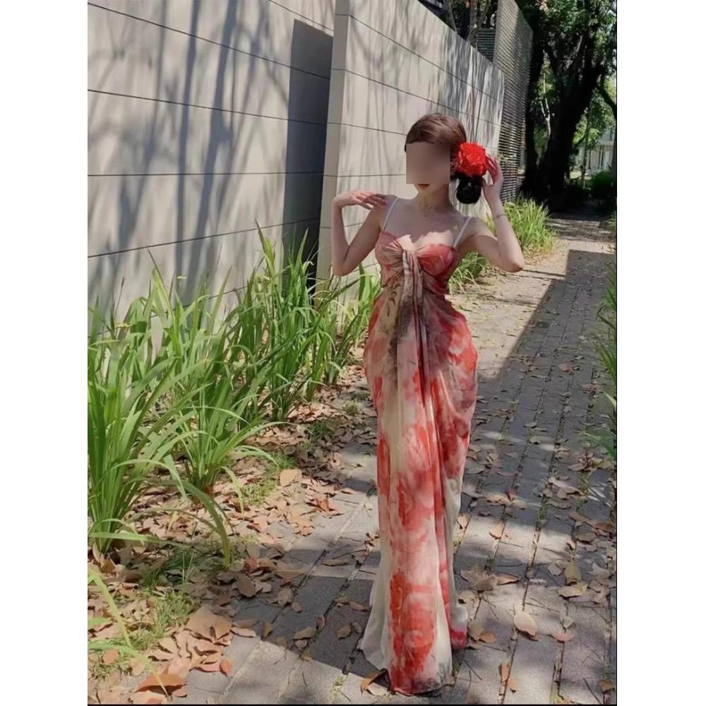 French niche high-end floral tie-dye new Chinese printing dress atmosphere seaside vacation suspender tube top skirt