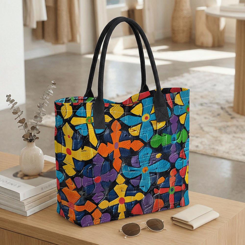 Colorful Floral Pattern Tote Bag Large Capacity Casual Shoulder Bag for Daily Use Shopping Travel