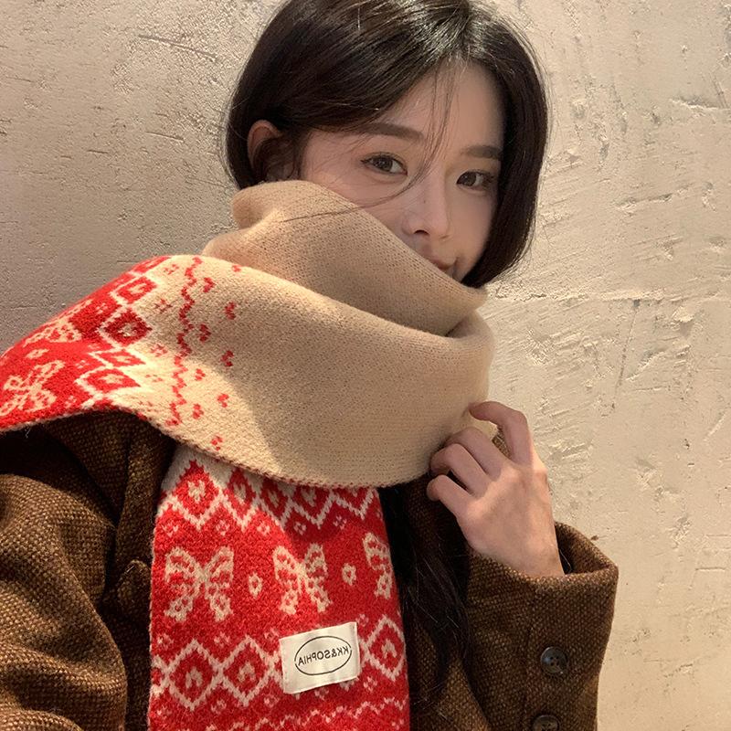 Imitation cashmere red bow scarf women's knitted autumn and winter Korean high-end feeling warm and thickened versatile scarf tide