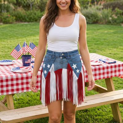 250th Patriotic Denim Fringe Belt, Stars And Stripes Fringe Belt, Western Style Celebration Party Belt for Women