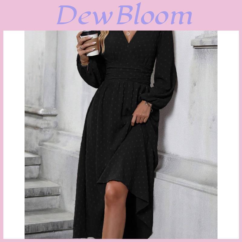 Polyester V Neck Lantern Sleeve Pleated A Line Dress For Autumn Winter Fashion