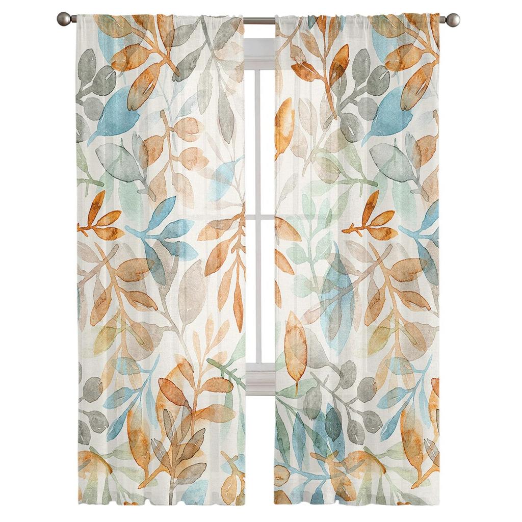 Autumn Watercolor Hand-Painted Leaves Sheer Voile Window Curtains Tulle Curtains Living Room Balcony Decoration Drapes