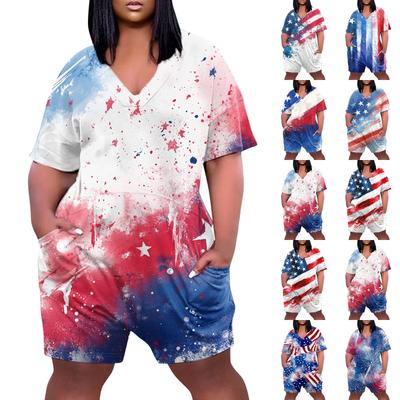 Womens Casual V Neck Pockets Short Sleeve Jumpsuits Wide Shorts Rompers