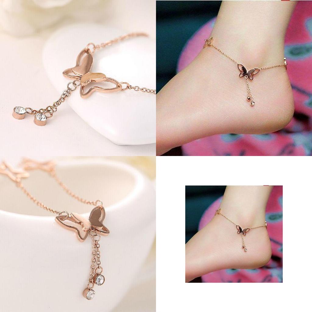 Elegant Summer Women Jewelry Butterfly Studded Double Tassel Anklets Fashion