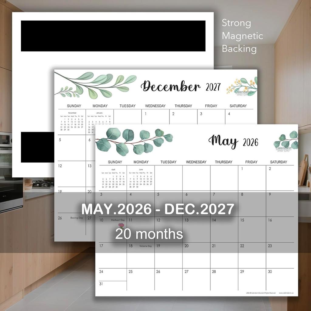 Calendario Magnetico da Frigorifero 2026-2027 per il Canada, Organizzatore Familiare 20 Mesi da Maggio 2026 a Dicembre 2027 per Professionisti Home Office, 12x10