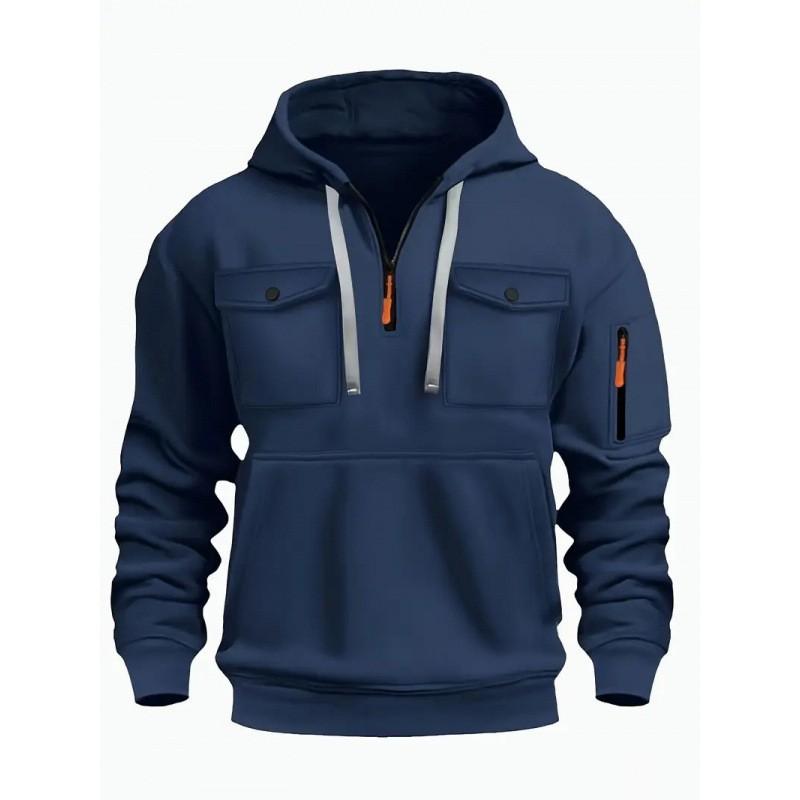 Mens Winter Warm Fleece Lined Hooded Pullover Sweatshirt With Zipper V-Neck Loose Fit Casual Sportswear