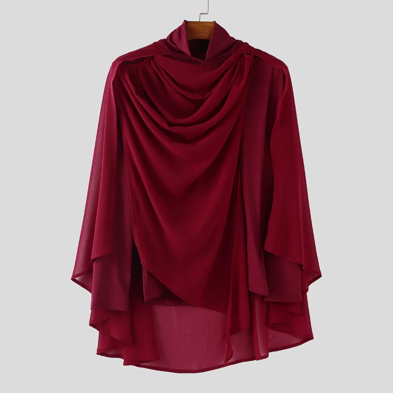 

INCERUN Мужские топы и футболки с воротником-качели, длинным рукавом, нерегулярными сетчатыми прозрачными слоями, свободного кроя XL вино красного