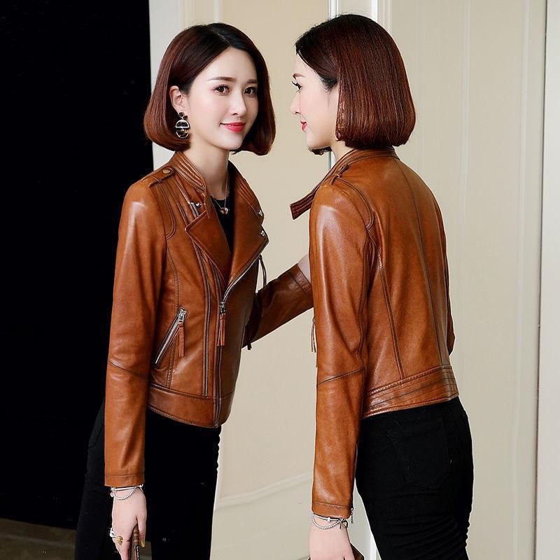 

Весна и осень Новая куртка из натуральной кожи Женская короткая куртка из овчины Корейский стиль Slim Fit Мотоциклетная куртка 3XL