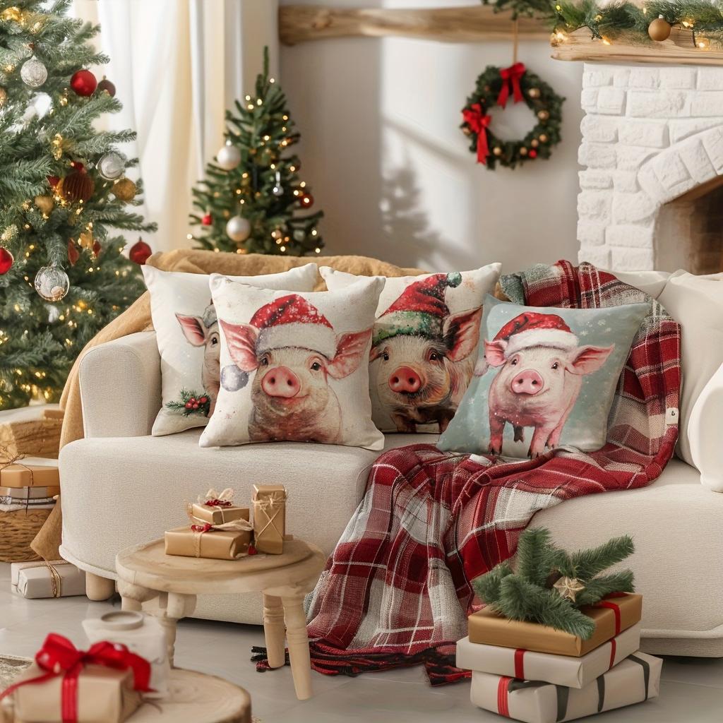 Christmas Pig-Printed Pillowcases: Festive and Adorable Decor for Your Home! Sofas, Bedroom Pillow Covers, Holiday Gifts
